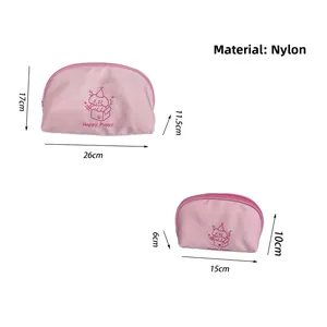 Two-piece pink nylon makeup bags with cute puppy print and specific size measurements