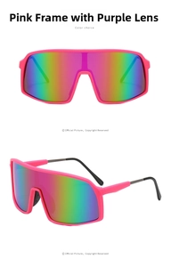Detailed view of pink matte sports sunglasses with iridescent purple coated lenses