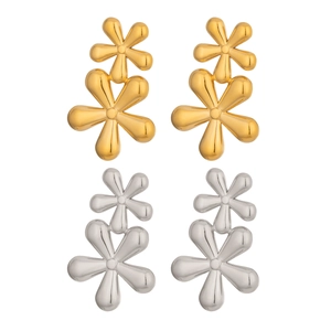 Elegant gold and silver double-layered floral stud earrings in polished stainless steel