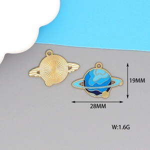 Detailed view of planet charm with blue enamel fluid texture and 28mm size markings