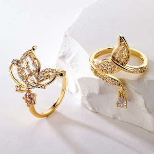 18K Gold Plated Copper Butterfly Flower Fish Tail Open Ring With Zirconia Elegant Fashion Jewelry For Women
