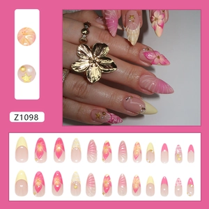 Pink press-on nails with 3D starfish pearls and shell texture 24pcs set