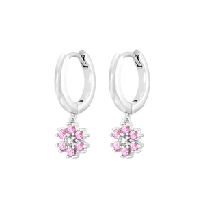 Silver flower drop earrings with pink cubic zirconia petals on clean white background