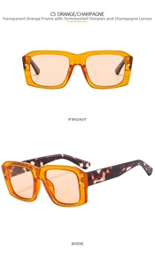 Close-up of orange square sunglasses with tortoise temples and champagne lenses