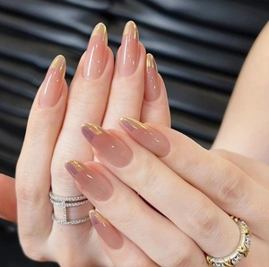 Long Almond Press On Nails Gold French Tip Elegant Nude Pink Glossy Artificial Fake Nails For Women Daily Manicure