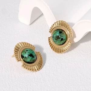 Vintage 18K gold plated stainless steel stud earrings with natural green stone inlay