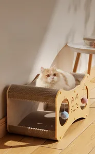 Griffoir pour chat à deux niveaux avec boules en peluche et espace de repos douillet
