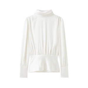 Élégant Chemisier En Satin De Polyester Coton Blanc Avec Nœud Manches Longues Taille Plissée Mode Couleur Unie Tops
