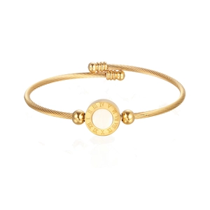 Women Stainless Steel Cuff Bracelet Roman Numerals Twisted Cable Bangle Adjustable Mother Of Artificial Pearl Inlay Elegant Jewelry