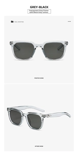 Detail of transparent grey sunglasses with black lenses and star-shaped metal accents