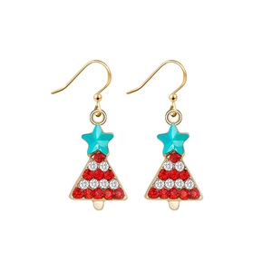 Detail of Christmas tree drop earrings with red and white rhinestones and gold hooks