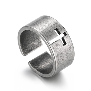 Vintage oxidized silver stainless steel cross ring with hollow design and open band