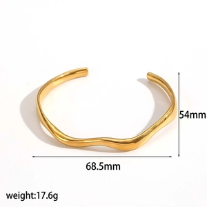 Minimalist wavy irregular 18k gold plated stainless steel open bangle with dimensions