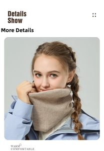 Close-up of beige ribbed knit neck warmer with thick fleece lining for winter warmth