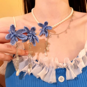 French Style Flower Beaded Artificial Pearl Jewelry Set Alloy Rhinestone Tassel Earrings Necklace For Wedding Party Women