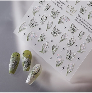 Detailed 5D relief nail stickers featuring silver butterflies and blue lily of the valley