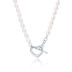 Elegant 925 silver necklace with white freshwater pearls and heart-shaped toggle clasp
