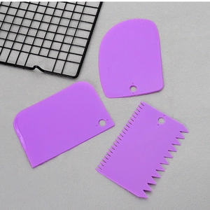 3-piece purple food-grade plastic dough scrapers set including flat and serrated tools