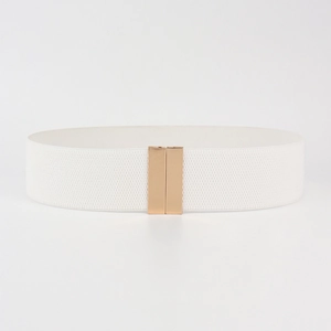 Detail of white elastic waist belt with a polished gold rectangular metal buckle