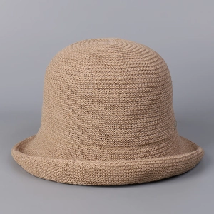 Breathable khaki knit linen bucket hat with a stylish rolled edge and dome design