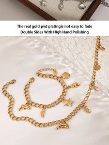 Detailed view of PVD gold plated ocean charms on a high polished stainless steel chain