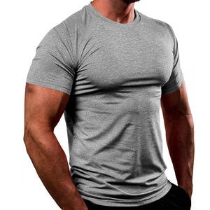 Close-up of gray men's athletic t-shirt showing breathable fabric texture and stitching