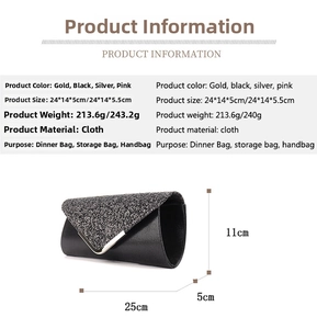 Detailed size chart and dimensions for the elegant black sequin evening clutch bag