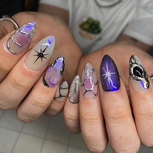 Press On Nails 3D Silver Fluid Metal Relief Purple Gradient Cat Eye Star Almond Shape Y2K Sweet Cool Style Artificial False Nails