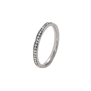 Minimalist 2mm silver titanium steel ring with a continuous circle of clear crystals