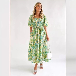 Midir Kleid mit Blumenmuster, Puffärmeln, eckigem Ausschnitt und elastischer Taille