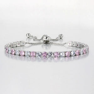 Adjustable tennis bracelet with pink and white cubic zirconia stones in box chain