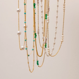 18K gold plated stainless steel layered necklaces with white pearls and turquoise beads
