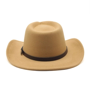 Detail of camel wool felt western cowboy hat with brown leather band and wide brim