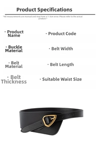 Detailed size chart for leather waist belt with gold triangular buckle and dimensions
