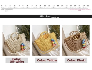 Straw woven crossbody bags with drawstring closure and colorful tassels in three colors