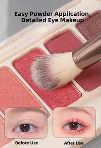 Detail of soft makeup brush taking pink eyeshadow powder with before and after effect