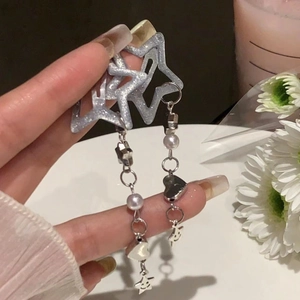 Y2K silver star tassel earrings with faux pearls and heart charms for women