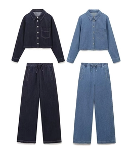 Detailed flat lay of denim jacket and wide-leg pants in deep blue and mid-blue washes