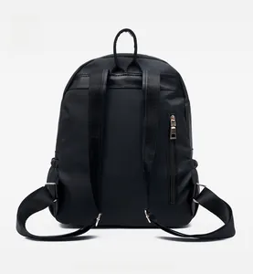 Rear view of black oxford fabric backpack showing anti-theft zip pocket and straps
