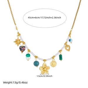 Retro multi-element gold-plated sunflower and star pearl necklace with heart charms