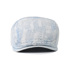 Light blue distressed denim flat cap for men and women with vintage washed finish