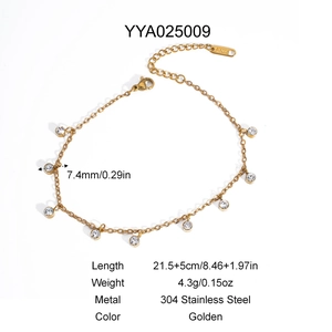 Detail of gold stainless steel anklet showing 7.4mm rhinestones and lobster clasp
