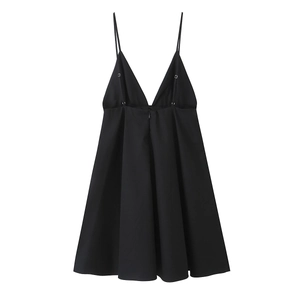 Elegant sleeveless black short dress with a deep V-neckline and adjustable straps