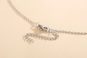 Macro detail of silver stainless steel necklace lobster clasp and adjustable extension chain