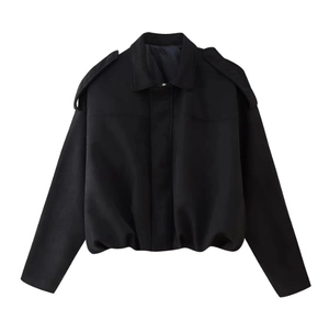Detailed front view of black pilot jacket featuring a lapel collar and shoulder epaulettes