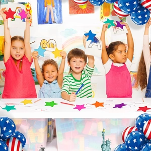 Kids using colorful paper stars for classroom bulletin board and art decoration