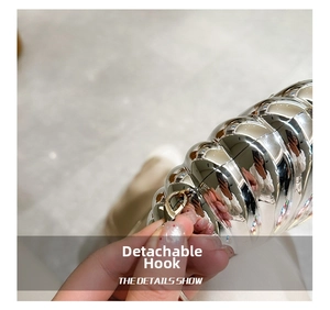 Detailed close-up of the detachable metal hook and shiny silver finish on the shell bag