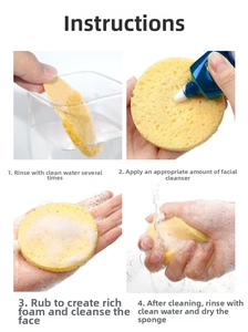 Step-by-step guide showing how to soak, foam, and clean with a yellow wood pulp sponge