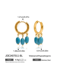 Detail view of 18k gold stainless steel hoop earrings with blue pearls and dimensions