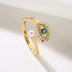 Minimalist evil eye open ring with blue enamel, white pearl and sparkling crystals